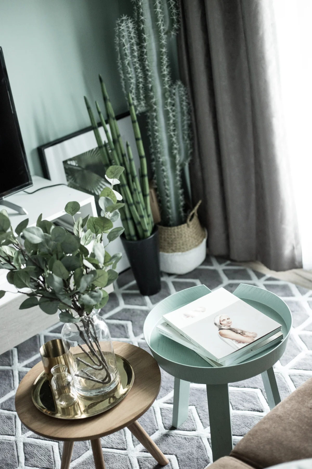 Skandinaviskt vardagsrum med kaktusar, gröna växter, mintgrönt soffbord och mönstrad matta