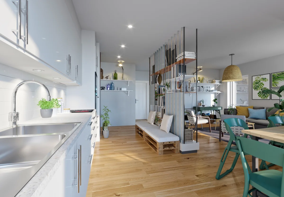 Ljust modernt kontor med vita skåp, diskbänk och öppen planlösning med parkettgolv